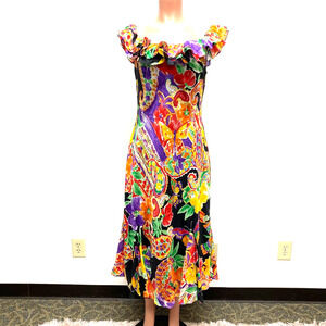 Lauren Ralph Lauren Women Orange Purple Tropical Silk Ruffled Midi Maxi Dress 12